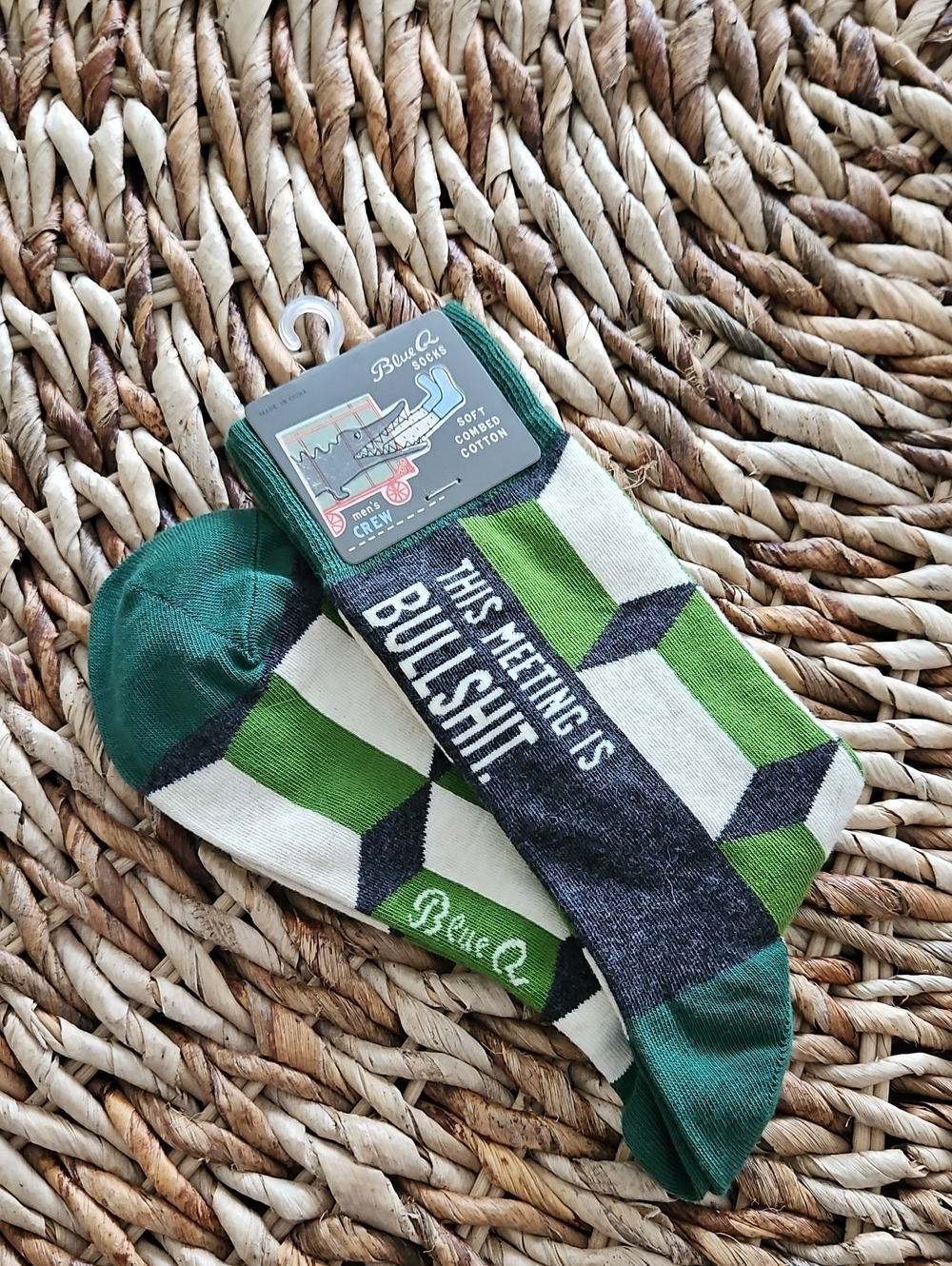 Blue Q Green and White Novelty Crew Socks - "This Meeting Is Bullshit"
